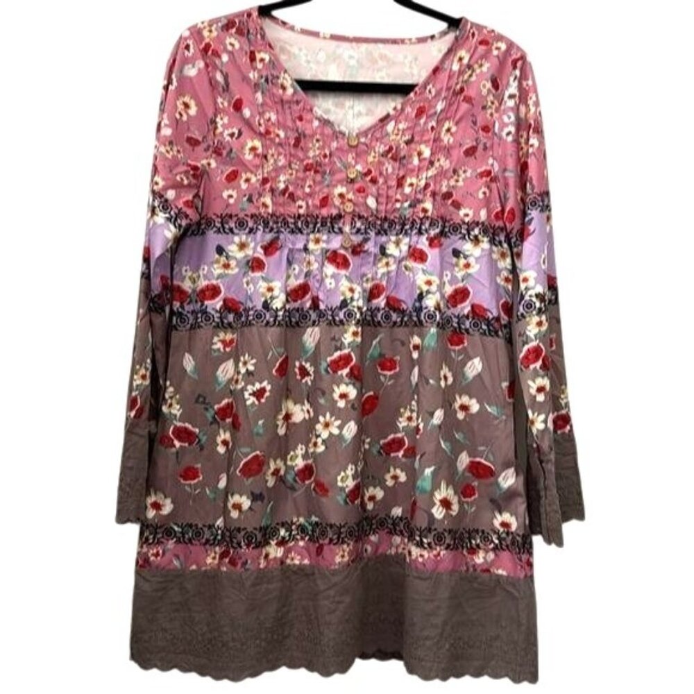 Floral Tunic Top With Buttons Long Sleeve Pink/Gray Boho Style Womens Size L